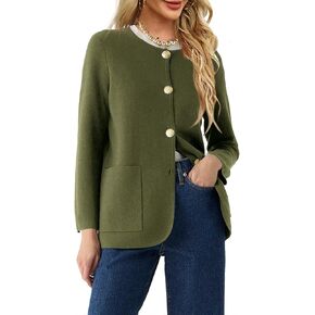 Langwyqu Womens Crew Neck Button Down Cardigan Sweaters Casual Long Sleeve Knit Solid Sweater Blazer with Pockets
