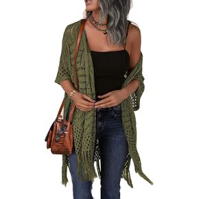 HOTOUCH Womens Knit Cardigan Open Front Outwear Hollow Out Crochet Tassel Lightweight Kimonos Sweater S-XXL