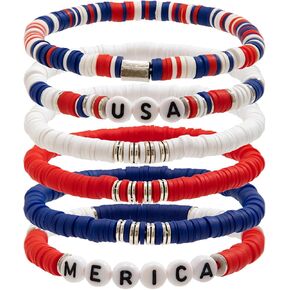 Patriotic Bracelets for Women Star Heart Patriotic 4th of July Bracelets Fourth of July Polymer Clay Accessories(6pcs)