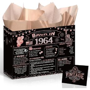 Vintage 40th Birthday Gift Bag with Happy 40th Birthday Greeting Card and Tissue Paper for Women Black Rose Gold 40th Birthday Gift Wrap Bag with Handles for 40th Birthday Party Decorations Supplies
