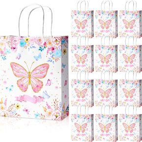 24 Pcs Butterfly Gift Bags Butterfly Treat Bags Bridal Goodie Bags Candy Bags Butterfly Flower Gift Wrap Bags with Handle Kraft Paper Bags Butterfly Party Favors for Wedding Birthday Party Baby Shower