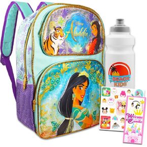 Disney Princess Jasmine Backpack Set - Bundle of 16" Princess Jasmine Backpack with Water Bottle, Stickers, More | Disney Aladdin Backpack for Kids