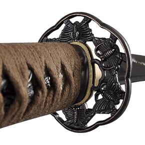 Handmade Sword - Japanese Style Samurai Wakizashi Sword, Battle Ready, Hand Forged, 1045 Carbon Steel, Heat Tempered, Full Tang, Sharp, Moth Tsuba, Brown Cotton Ito Handle, Black Wooden Scabbard