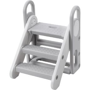 Foldable Toddler Step Stool for Bathroom Sink, Adjustable 3 Steps Ladder for Toddlers with Handles, Folding Nursery Step Stool for Kids Toilet Potty Training, Kitchen Counter Standing Helper, Grey