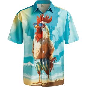 Hardaddy Men's Gongfu Rooster Chest Pocket Printed Short Sleeve Button Down Summer Casual Shirt