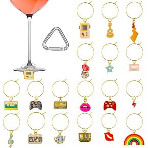 18 Pcs Wine Glass Charms Set 80's Vintage Markers Wine Glass Rings Tag Identification with Buckle and Drawstring Bag for Stem Glasses, Bachelorette Party, Wine Tasting Party Favors Decorations