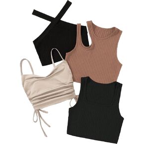 Milumia Women's 4 Piece Ribbed Knit Cut Out Drawstring Sleeveless Crop Tank Tops Set