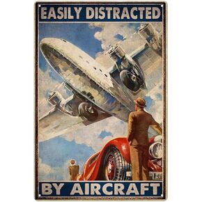 Airplane Tin Sign, Retro Metal Poster, Vintage Sign Wall Art Plaque -Easily Distracted By Airplanes, Front Wall Decoration For Bars, Homes, Garages, Men'S Caves, 8x12 Inch