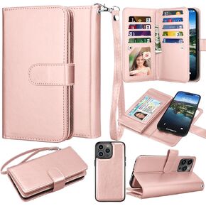 حافظة محفظة Takfox لهاتف iPhone 15 Plus، حافظة iPhone 15 Plus، حافظة هاتف حامل بطاقة الائتمان من جلد البولي يوريثان [9 فتحات للبطاقات] غطاء مغناطيسي قابل للفصل ومسند وحزام معصم للحمل، ذهبي وردي in Kuwait