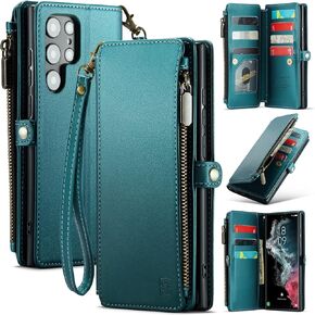 Compatible with Galaxy S22 Ultra Case Wallet with Card Holder【RFID Blocking】Zipper, for Samsung Galaxy S22 Ultra Wallet Case PU Leather Magnetic Flip Folio Cover for Women and Men, Lake Blue