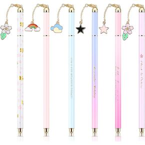 Zonon 6 Pieces Metal Ballpoint Pens Cute Pendant Gel Ink Pen Fine Point Black Ink Pen for Journaling, Writing, Drawing Office Home School Stationery, Party Decoration Pen, 0.35 mm, 0.5 mm