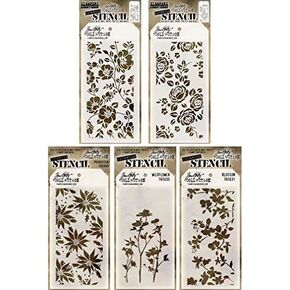 Tim Holtz - Stencils Set 10 ("Flowers") - Five Item Bundle - Roses, Floral, Blossom, Poinsettia, and Wildflower