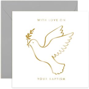 Old English Co. Gold Foil Dove Baptism Card for Him or Her - Thoughtful Baptism Day Card for Boy or Girl - Religious Faith Special Day Greeting Card for Family | Blank Inside with Envelope