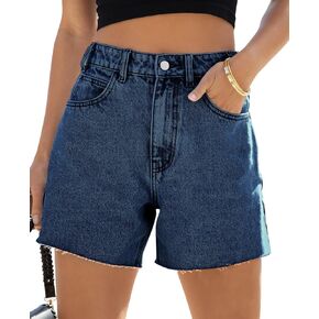 Goranbon Women's High Waisted Jean Shorts Straight Leg Raw Hem Retro Denim Shorts Summer Hot Pants with Pockets