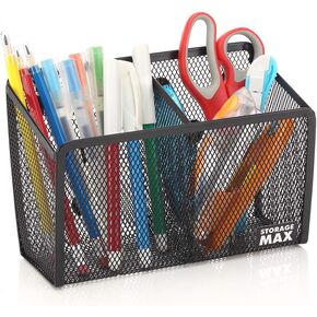 Magnetic Pencil Holder and Locker Organizer, Wire Mesh Storage Basket for Refrigerator, Whiteboard or Office Cabinet. Extra Strong Magnets. Office Accessories (Black, 2 Compartment) in Kuwait