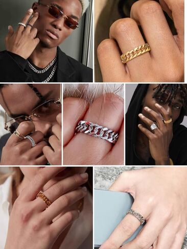 Stainless Steel Band Cuban Link Ring for Men Women, 18K Gold/Black Metal Plated, Hip Hop Thumb Rings Fashion Link Chain Rings, 6MM-7MM Wide, Size 07-12, with Gift Box in Saudi Arabia