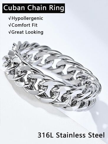 Stainless Steel Band Cuban Link Ring for Men Women, 18K Gold/Black Metal Plated, Hip Hop Thumb Rings Fashion Link Chain Rings, 6MM-7MM Wide, Size 07-12, with Gift Box in Saudi Arabia