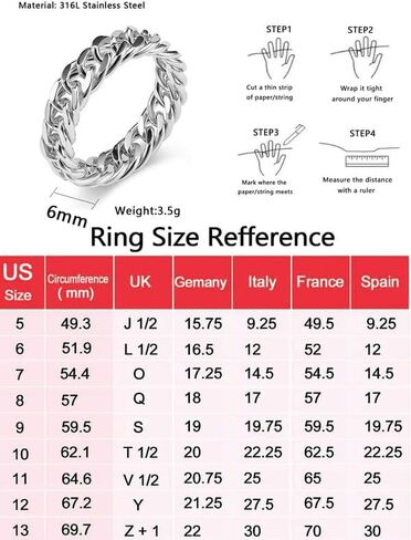 Stainless Steel Band Cuban Link Ring for Men Women, 18K Gold/Black Metal Plated, Hip Hop Thumb Rings Fashion Link Chain Rings, 6MM-7MM Wide, Size 07-12, with Gift Box in Saudi Arabia