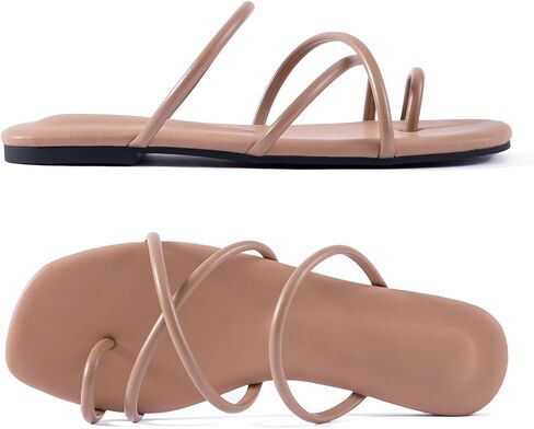 Mtzyoa Women Flat Sandals Strappy Leather Nude Summer Comfort Fashion Slides Sandals in Saudi Arabia