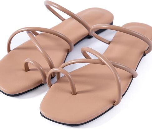 Mtzyoa Women Flat Sandals Strappy Leather Nude Summer Comfort Fashion Slides Sandals in Saudi Arabia