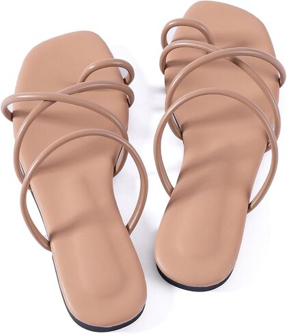Mtzyoa Women Flat Sandals Strappy Leather Nude Summer Comfort Fashion Slides Sandals in Saudi Arabia