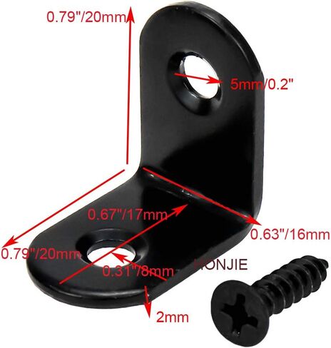 دعامات زاوية يمنى سوداء 90 درجة بفتحتين دعامات زاوية معدنية صغيرة للخشب، دعامة على شكل حرف L مع براغي، 20 × 20 × 2 مم، عبوة من 12 قطعة in Kuwait