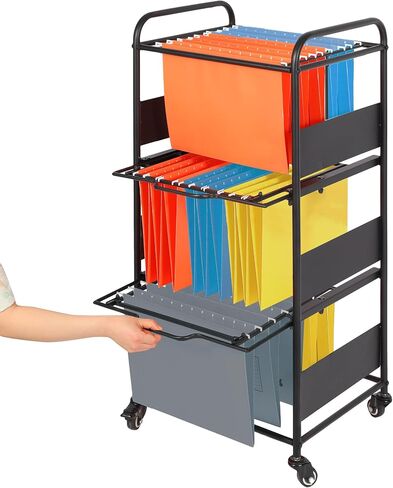 3-Tier Metal Rolling File Cart with Wheels, hanging file folder rack for Letter & Legal Size with Pull-Out Drawer File Organizer Cabinet for Home Office, Black in Saudi Arabia