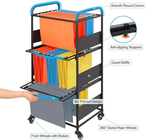 3-Tier Metal Rolling File Cart with Wheels, hanging file folder rack for Letter & Legal Size with Pull-Out Drawer File Organizer Cabinet for Home Office, Black in Saudi Arabia