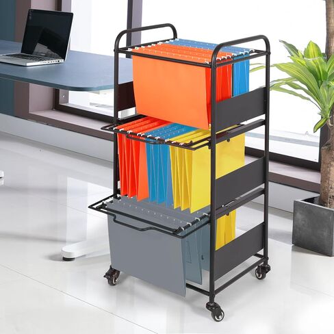 3-Tier Metal Rolling File Cart with Wheels, hanging file folder rack for Letter & Legal Size with Pull-Out Drawer File Organizer Cabinet for Home Office, Black in Saudi Arabia