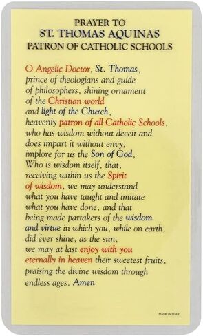 Saint Thomas Aquinas Prayer Card | Patron Saint of Catholic Schools | Laminated Holy Card | Great Catholic Gift | Beautiful Art and Meditation | Made in Italy in Saudi Arabia