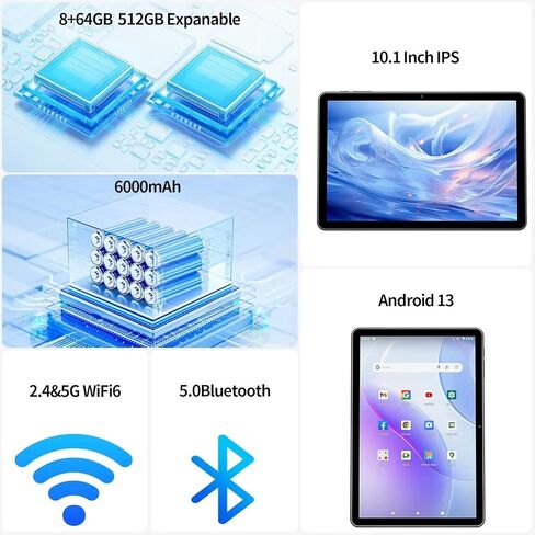 2024 10.1 inch Android 13 Tablets, Octa-Core Processor, 8GB RAM 64GB ROM 512GB Expanable , 6000mAh Battery, HD IPS Touch Screen, 5G/2.4G WiFi6, Bluetooth 5.0, Split Screen, Widget Support (Blue) in Saudi Arabia