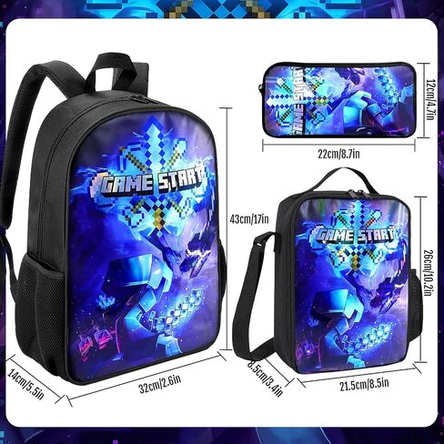3PCS Cartoon Game Laser Backpack Set Laptop Bag with Lunch Bag Pencil Case for Girl Boy Lightweight Daypack Computer Bag Travel Backpack Bookbag for Fans Gift in Saudi Arabia
