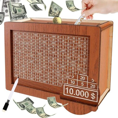 صندوق توفير خشبي من Cash Vault، صندوق نقود خشبي جديد لتوفير النقود لعام 2024، صندوق تحدي توفير 10,000 دولار، بنك أصبع لعداد العملات المعدنية، صندوق نقود خشبي مع هدف المال والأرقام in Saudi Arabia