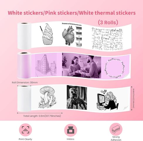 vretti Colorful Adhesive Thermal Sticker Paper for TP6-S/TP6 Pocket Printer, 57mm *30mm, 3 Rolls for Journal, Photos, Notes, Kids Gift in Saudi Arabia