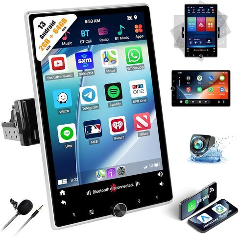 [2+64G] ستيريو سيارة Android 13 Single Din مع Carplay لاسلكي وAndroid Auto، راديو سيارة بشاشة لمس قابلة للدوران 10.4 بوصة مع وصلة مرآة GPS WiFi FM/RDS راديو BT USB موسيقى/شحن سريع + كاميرا احتياطية in Saudi Arabia