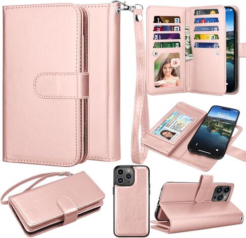 حافظة محفظة Takfox لهاتف iPhone 15 Plus، حافظة iPhone 15 Plus، حافظة هاتف حامل بطاقة الائتمان من جلد البولي يوريثان [9 فتحات للبطاقات] غطاء مغناطيسي قابل للفصل ومسند وحزام معصم للحمل، ذهبي وردي in Kuwait