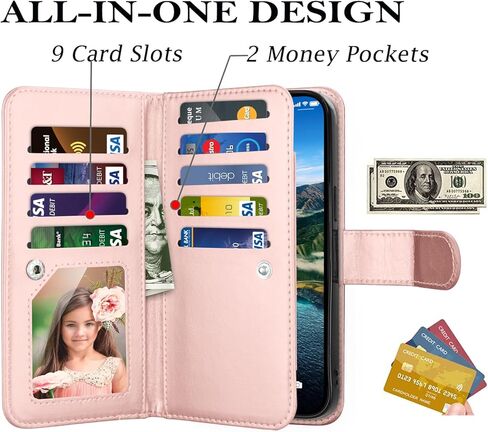 حافظة محفظة Takfox لهاتف iPhone 15 Plus، حافظة iPhone 15 Plus، حافظة هاتف حامل بطاقة الائتمان من جلد البولي يوريثان [9 فتحات للبطاقات] غطاء مغناطيسي قابل للفصل ومسند وحزام معصم للحمل، ذهبي وردي in Kuwait