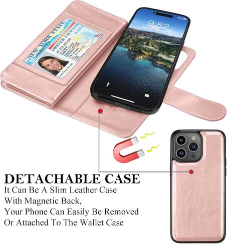 حافظة محفظة Takfox لهاتف iPhone 15 Plus، حافظة iPhone 15 Plus، حافظة هاتف حامل بطاقة الائتمان من جلد البولي يوريثان [9 فتحات للبطاقات] غطاء مغناطيسي قابل للفصل ومسند وحزام معصم للحمل، ذهبي وردي in Kuwait