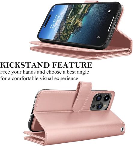 حافظة محفظة Takfox لهاتف iPhone 15 Plus، حافظة iPhone 15 Plus، حافظة هاتف حامل بطاقة الائتمان من جلد البولي يوريثان [9 فتحات للبطاقات] غطاء مغناطيسي قابل للفصل ومسند وحزام معصم للحمل، ذهبي وردي in Kuwait