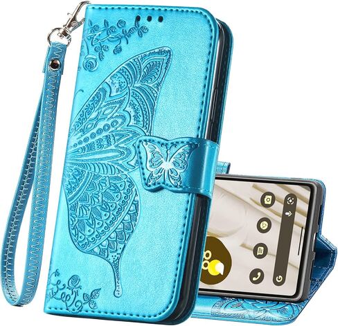 Wallet Case for Google Pixel 8A,PU Leather Flip Protective Phone Case Wrist Strap Card Slots Holder Pocket Emboss Butterfly Flower Stand Case for Google Pixel 8A Black in Saudi Arabia