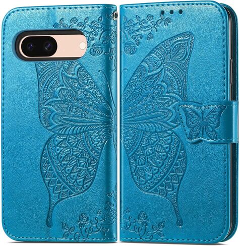 Wallet Case for Google Pixel 8A,PU Leather Flip Protective Phone Case Wrist Strap Card Slots Holder Pocket Emboss Butterfly Flower Stand Case for Google Pixel 8A Black in Saudi Arabia