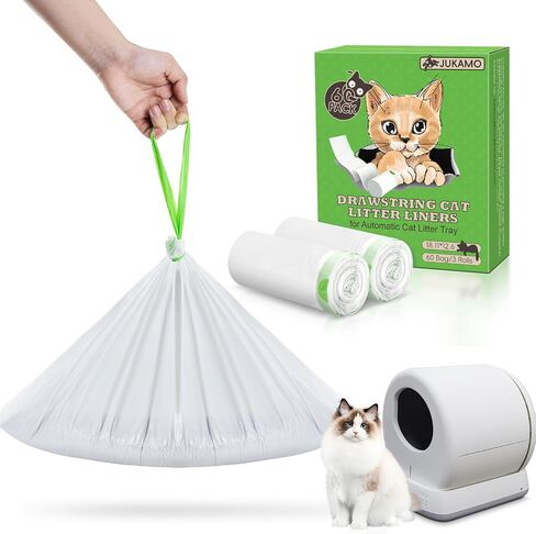 60 Pack Cat Litter Box Liners for Meo Want SC01, MW-SC02, MW-LR01,1.5 Mil Thick Drawstring Heavy Duty Leak-proof Disposable Smart Self-Cleaning Litter Box Robot Waste Drawer Trash Bags 18" x 12.6" in Saudi Arabia