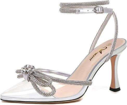 Athlefit Women's Rhinestone Bow Heels Ankle Strap Pointed Toe Stiletto Heeled Sandals Wedding Bridal Dress Pumps Shoes in Kuwait