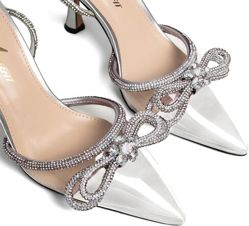 Athlefit Women's Rhinestone Bow Heels Ankle Strap Pointed Toe Stiletto Heeled Sandals Wedding Bridal Dress Pumps Shoes in Kuwait