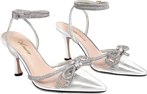 Athlefit Women's Rhinestone Bow Heels Ankle Strap Pointed Toe Stiletto Heeled Sandals Wedding Bridal Dress Pumps Shoes in Kuwait