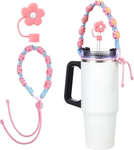 مقبض زهرة مكرامية متوافق مع ملحقات كأس ستانلي مع غطاء غطاء من القش الوردي مصنوع يدويًا من بوهو حامل حزام زجاجة مياه لطيف من القش يناسب معظم زجاجات المياه من 8 إلى 40 أونصة in Kuwait