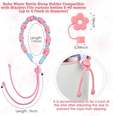 مقبض زهرة مكرامية متوافق مع ملحقات كأس ستانلي مع غطاء غطاء من القش الوردي مصنوع يدويًا من بوهو حامل حزام زجاجة مياه لطيف من القش يناسب معظم زجاجات المياه من 8 إلى 40 أونصة in Kuwait