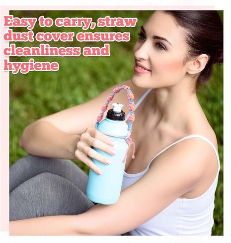 مقبض زهرة مكرامية متوافق مع ملحقات كأس ستانلي مع غطاء غطاء من القش الوردي مصنوع يدويًا من بوهو حامل حزام زجاجة مياه لطيف من القش يناسب معظم زجاجات المياه من 8 إلى 40 أونصة in Kuwait