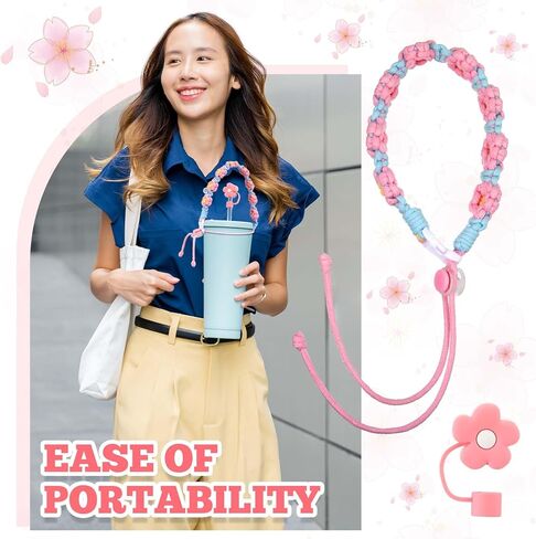 مقبض زهرة مكرامية متوافق مع ملحقات كأس ستانلي مع غطاء غطاء من القش الوردي مصنوع يدويًا من بوهو حامل حزام زجاجة مياه لطيف من القش يناسب معظم زجاجات المياه من 8 إلى 40 أونصة in Kuwait