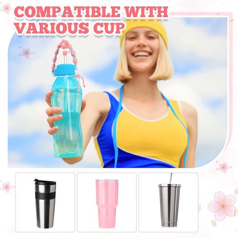 مقبض زهرة مكرامية متوافق مع ملحقات كأس ستانلي مع غطاء غطاء من القش الوردي مصنوع يدويًا من بوهو حامل حزام زجاجة مياه لطيف من القش يناسب معظم زجاجات المياه من 8 إلى 40 أونصة in Kuwait